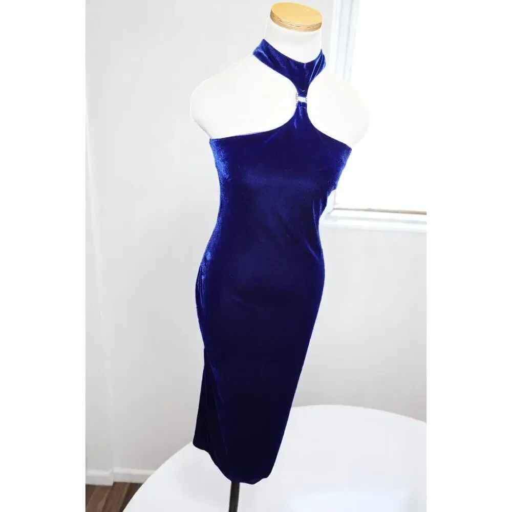 Kiki USA Royal Blue Velvet Halter Dress – Size 40 - Picture 2 of 16